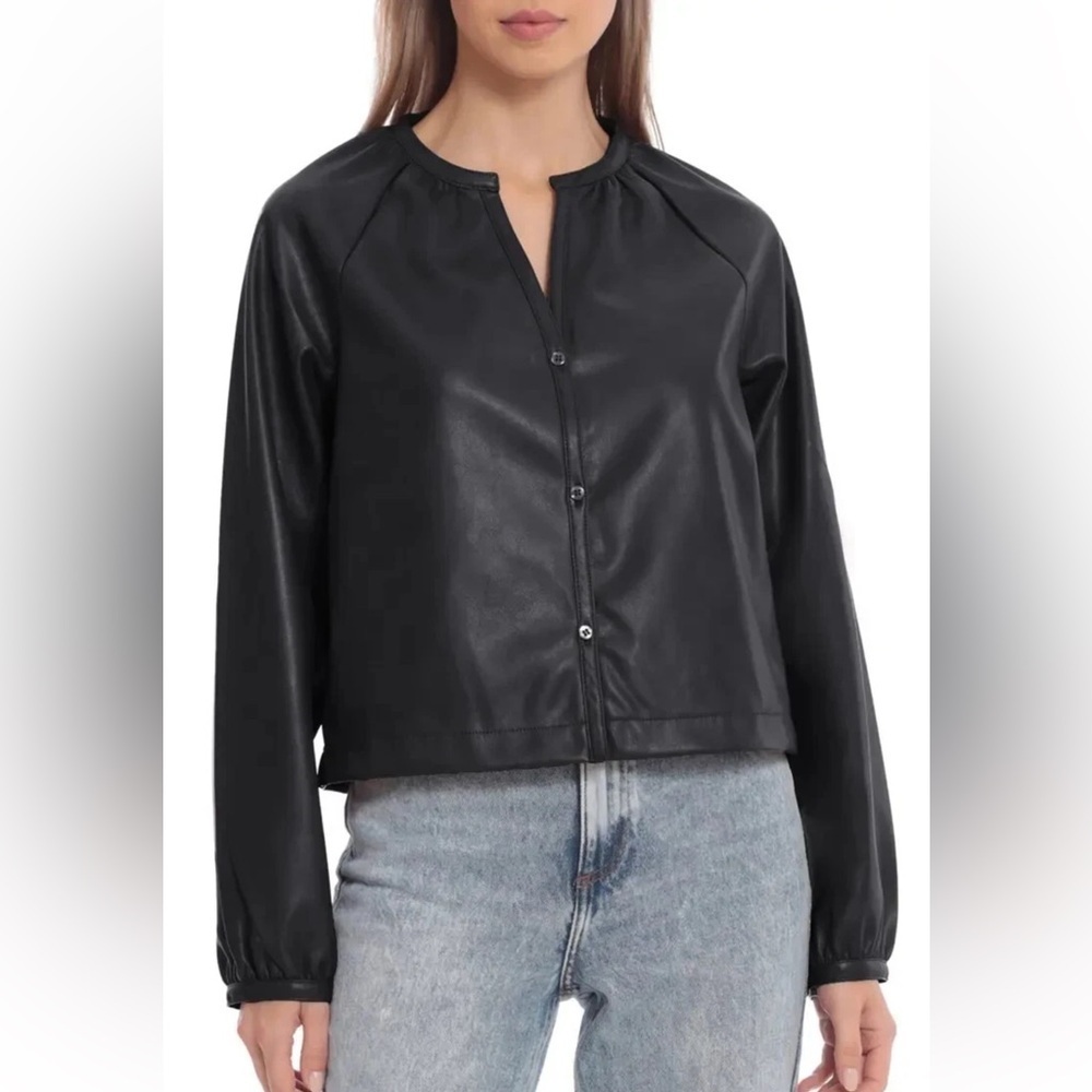 Avec Les Filles Black Faux Leather Button Up V-neck Prairie Blouse Size Small